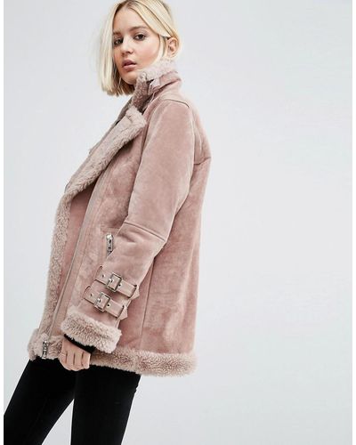 ASOS Suede Aviator Jacket With Faux Shearling - Pink