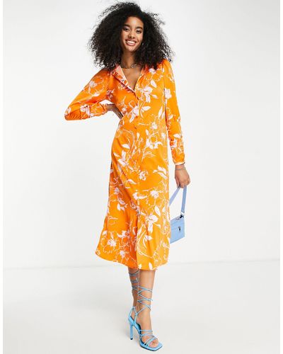 Y.A.S Floral Jaquard Printed Midi Dress - Orange