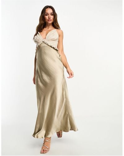 ASOS Satin High Shine Cami Frill Midaxi Dress With Linen Bust Detail - Natural