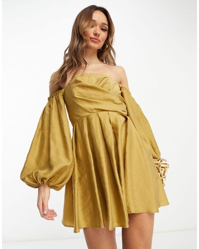 ASOS Washed Off Shoulder Balloon Slv Mini Dress With Wrap Corset Detail - Yellow