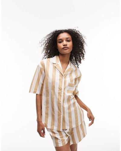 TOPSHOP Stripe Cotton Piped Shirt And Short Pajama Set - Natural