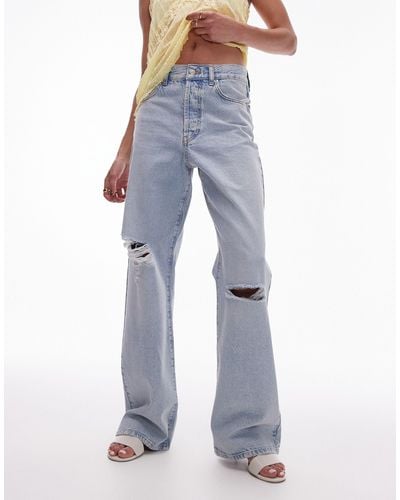 TOPSHOP Mid Rise Column Jeans With Rips - Blue