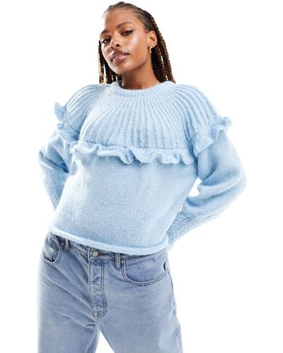 Pieces Knitted Frill Sweater - Blue