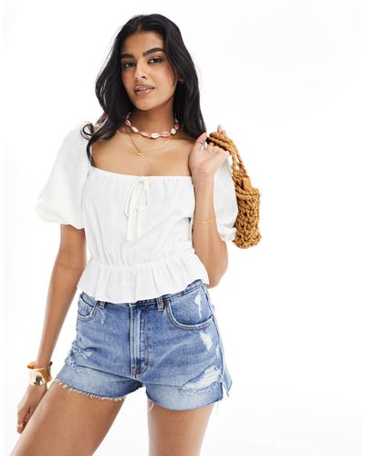 ASOS Linen Look Tea Blouse With Puff Sleeve - White