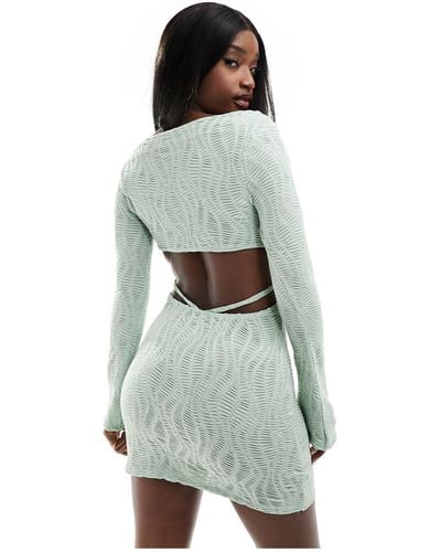 ASOS Textured Long Sleeve Mini Dress With Open Back And Strap Detail - Green