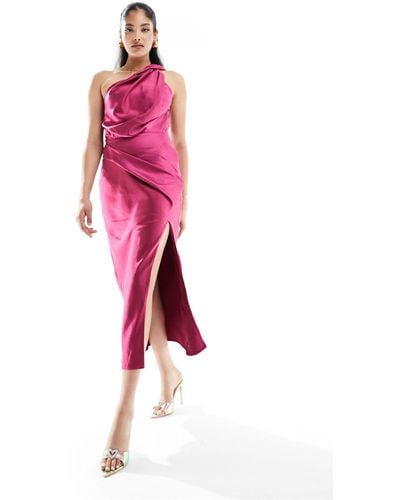 ASOS Satin Twist Shoulder Midi Dress With Split - Pink