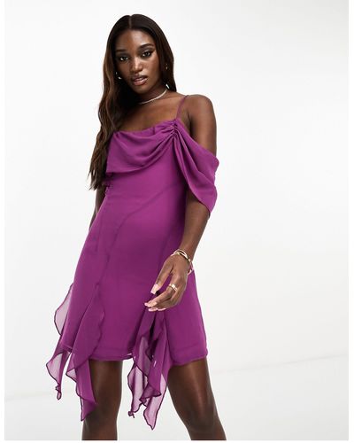 Naanaa Ruffle Mini Dress With Asymmetirc Shoulder - Purple