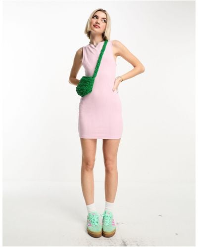 Collusion Slash Neck Ribbed Mini Dress - Pink