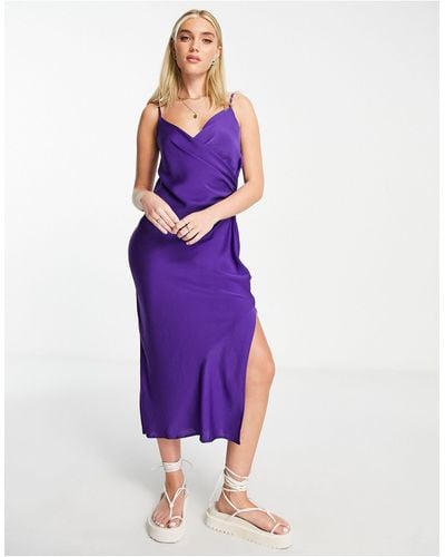 New Look Satin Strappy Wrap Front Midi Dress - Purple