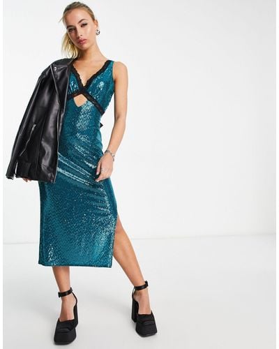 Flounce London Midi Metallic Sparkle Dress With Contrasting Lace Trim - Blue
