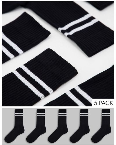 ASOS Confezione da 5 paia di calzini sportivi neri a righe bianche - Nero