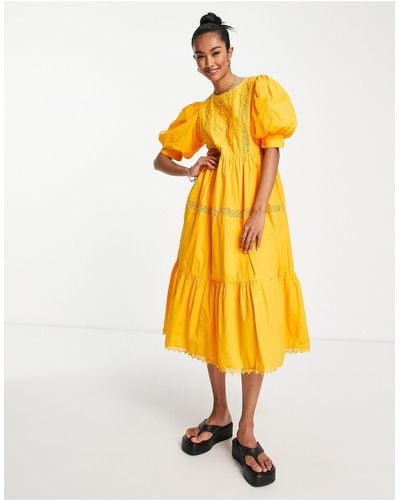 Y.A.S Cotton Tiered Embroidered Midi Dress - Yellow