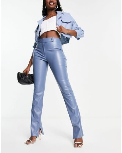 ASOS Tab Waist Detail Faux Leather Trousers - Blue