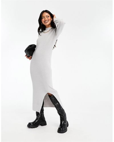 Vila High Neck Knitted Midi Dress With Side Split - White