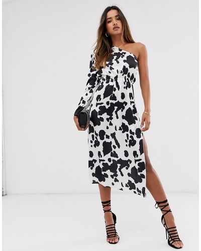 UNIQUE21 One Shoulder Abstract Cow Print Dress - Black