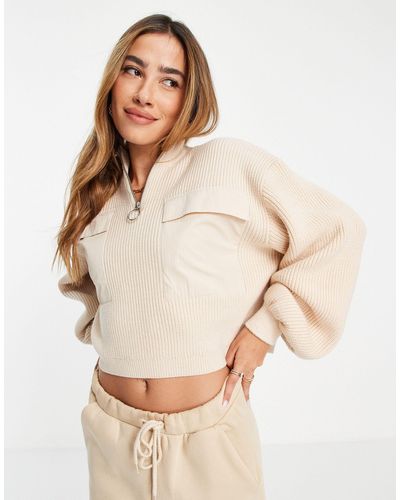 Mango Sweater With Half Zip And Front Pocket Detail - Natural