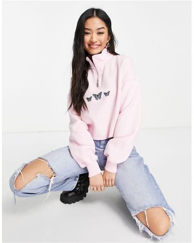 Hollister High Neck Embroidered Cropped Sweatshirt - Pink