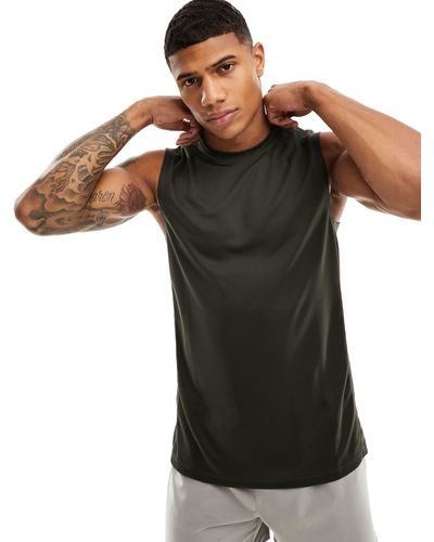 ASOS 4505 Camiseta deportiva caqui sin mangas con logo - Negro
