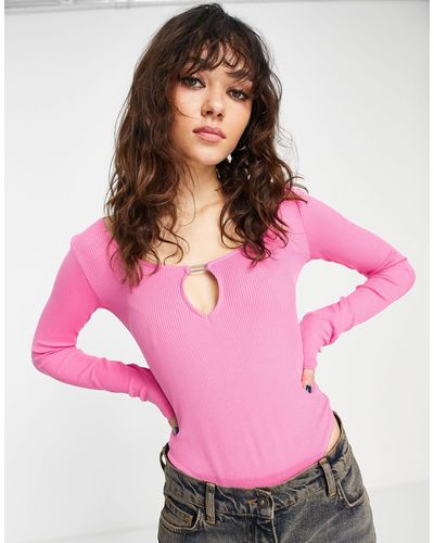 Bershka Keyhole Long Sleeve Bodysuit - Pink