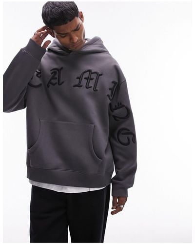 TOPMAN Oversized Fit Hoodie With Front Dreaming Embroidery - Grey