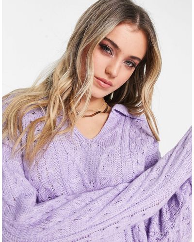 In The Style Exclusive Knitted Collar Detail Cable Knit Sweater - Purple