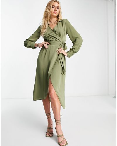 ASOS Collared Wrap Midi Dress With Tie Belt - Green