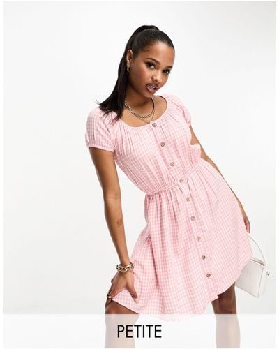 Brave Soul Petite Button Through Mini Dress With Puff Sleeves - Pink