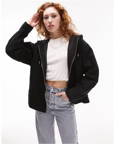 TOPSHOP Hooded Zip Through Cotton Jacket - Black
