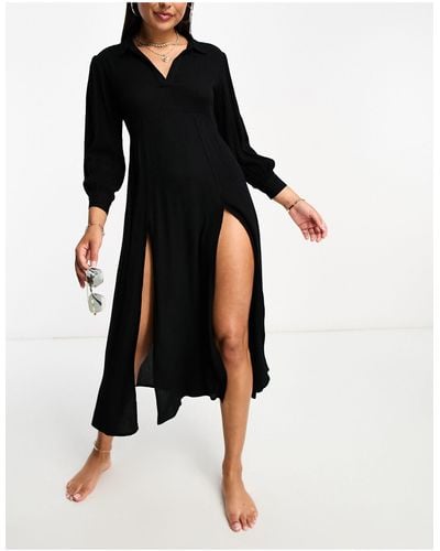 Iisla & Bird Maxi Shirt Beach Summer Dress With Splits - Black