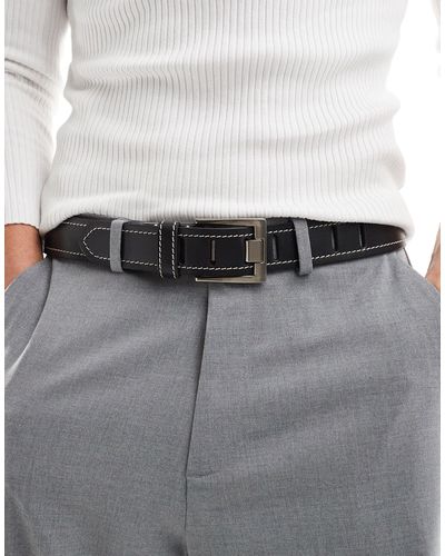 ASOS Leather Belt With Contrast Stitch - Grey