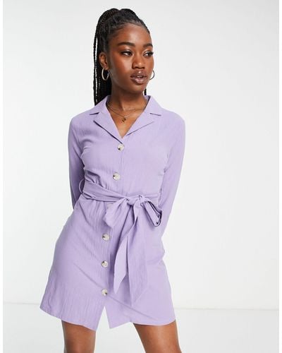 Lola May Tie Waist Shirt Dress - Purple