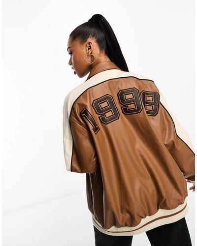 Urbancode Faux Leather Varsity Bomber - Brown