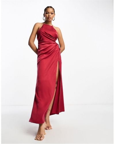 ASOS Satin Halterneck Maxi Dress With Ruched Cut Out Waist Detail - Red