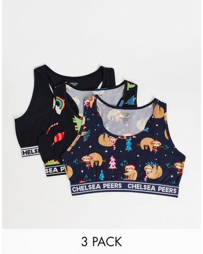 Chelsea Peers Christmas Sloths 3 Pack Crop Top Bras - Blue