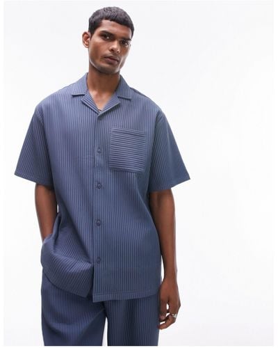 TOPMAN Short Sleeve Plisse Shirt - Blue