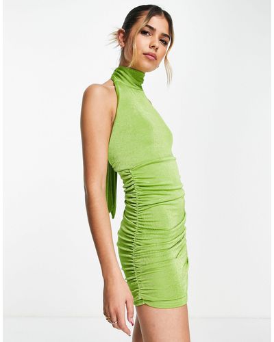 In The Style X Perrie Sian High Neck Open Back Ruched Mini Dress - Green