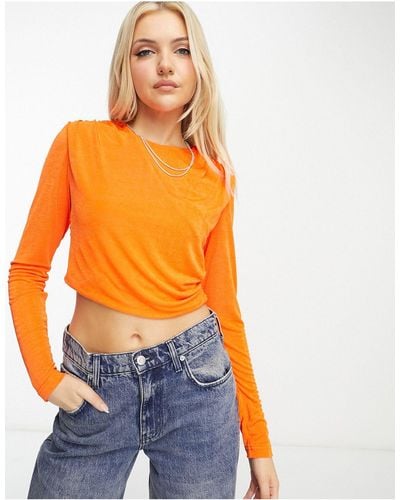 Urban Revivo Long Sleeve Ruched Glitter Cropped Top - Orange