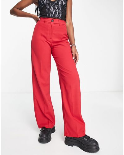 Bershka Wide Leg Slouchy Dad Tailo Trousers - Red