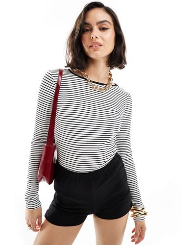 Mango Thin Stripe Contrast Collar Top - White