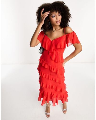 Little Mistress Bardot Midaxi Dress With Frill Detail - Red
