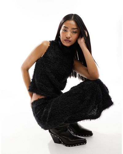 Pieces Fluffy Knit High Neck Top Co-ord - Black