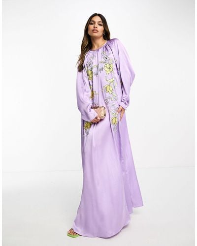 ASOS Embroidered Satin Volume Sleeve Midaxi Dress - Purple