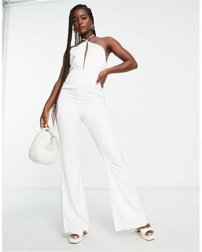 In The Style X Yasmin Devonport Exclusive Satin Halterneck Split Front Detail Wide Leg Jumpsuit - White