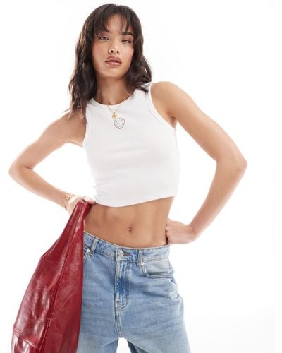Pieces Diamonte Hotfix Starwberry Cropped Racer Neck Top - White