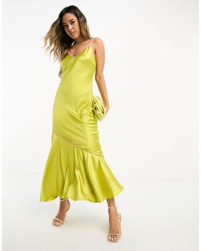 Never Fully Dressed Asymmetric Contrast Satin Slip Dress - Yellow