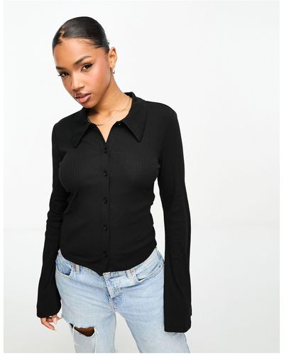 Monki Long Sleeve Ribbed Collar Top With Button Detail - Black