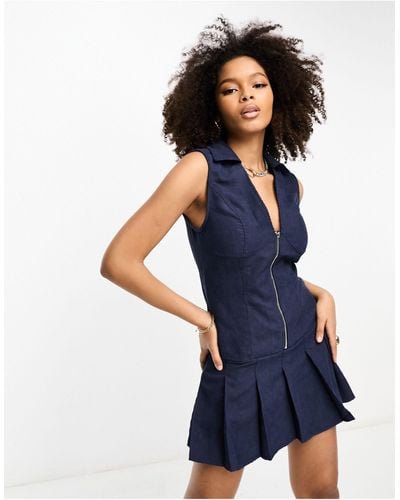 Glamorous Zip Through Peplum Pleat Cord Mini Dress - Blue