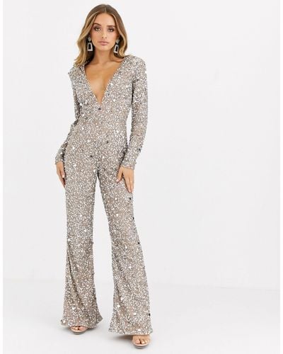 Missguided Peace And Love Embellished Plunge Jumpsuit - Metallic