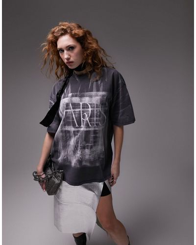 TOPSHOP T-shirt oversize nero slavato con stampa grafica "paris" - Grigio
