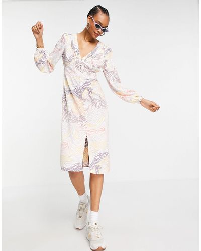 Y.A.S Midi Dress With Puff Sleeve And Side Split - Multicolour